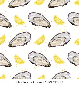 Seamless pattern with oysters and lemons on a white background. Fresh oyster. Wallpaper, print, packaging, textile design, design of interior, seafood restaurant menu . Vector illustration.