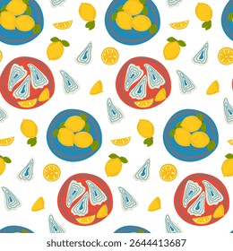 Seamless pattern with oysters and lemons on plates. Fresh seafood and citrus slices. Great for kitchen decor, packaging, or fabric prints. Vector illustration