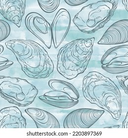 Seamless  pattern with oysters and mussels on blue watercolor background. Food vector Illustration. Templates for menu design, packaging, restaurants and catering. Hand drawn images. Perfect for wallp