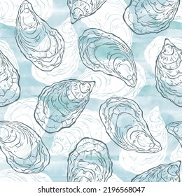 Seamless  pattern with oysters on blue watercolor background. Food vector Illustration. Templates for menu design, packaging, restaurants and catering. Perfect for wallpaper, wrapping, fabric 