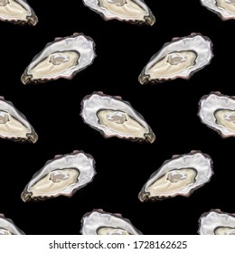 Seamless pattern with oysters on a dark background. Fresh oyster. Trendy healthy food. Wallpaper, print, packaging, textile design, design of interior, seafood restaurant menu . Vector illustration.