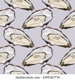 Seamless pattern with oysters on a gray background. Fresh oyster. Trendy healthy food. Wallpaper, print, packaging, textile design, seafood restaurant menu . Vector illustration.