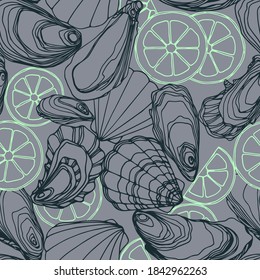 seamless pattern of oysters in the shell, scallops, lemon, delicious seafood, menu decoration, vector illustration with color contour lines on a grey background in a doodle & hand drawn style