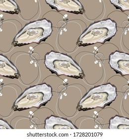 Seamless pattern with oysters. Stylized oysters on an abstract background. Fresh oyster. Trendy healthy food. Wallpaper, print, packaging, textile design, seafood restaurant menu. Vector illustration.