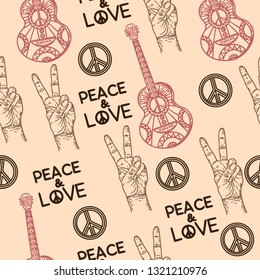 Seamless pattern with pacific hippie guitar and hand peace sign.