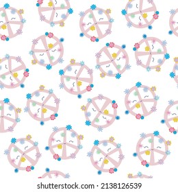 Seamless pattern with pacific sign and flowers. Vector hand drawn illustration.