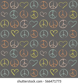 Seamless pattern with pacific signs and hearts, vector illustration.