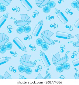 seamless pattern from pacifier, pram and baby bottle on a blue background