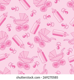 seamless pattern from pacifier, pram and baby bottle on a pink background