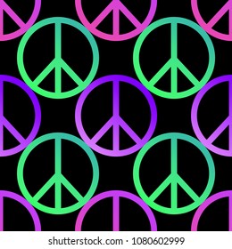 Seamless pattern with a pacifist sign bright violet, pink, green gradient on a black background.