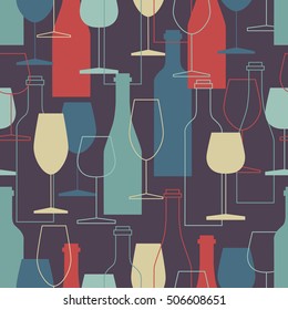 Seamless pattern, pack paper with bottles and wine making icon. Modern thin line icons, flat style. Vector background or backdrop with winery elements collection. Colorful wallpaper, good for printing