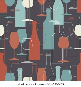 Seamless pattern, pack paper with bottles and wine glasses icons. Modern thin line icon, flat style. Background or backdrop with winery elements collection. Colorful wallpaper, good for printing