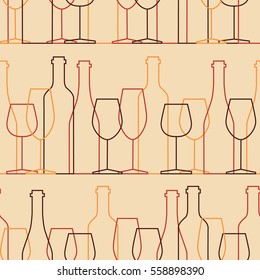 Seamless pattern, pack paper with bottles and wine glasses icons. Modern thin line icon, flat style. Background or backdrop with winery elements collection. Colorful wallpaper, good for printing