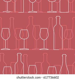 Seamless pattern, pack paper with wine bottles and wine glasses icons. Modern thin line icon, flat style. Background or backdrop with winery elements collection. Colorful wallpaper, good for printing