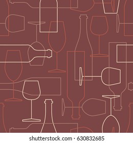 Seamless pattern, pack paper with wine bottles and wine glasses icons. Modern thin line icon, flat style. Background or backdrop with winery elements collection. Colorful wallpaper, good for printing