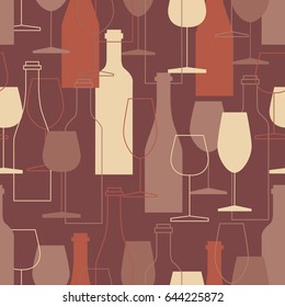 Seamless pattern, pack paper with wine bottles and wine glasses icons. Modern thin line icon, flat style. Background or backdrop with winery elements collection. Colorful wallpaper, good for printing