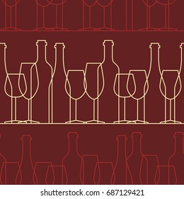 Seamless pattern, pack paper with wine bottles and wine glasses icons. Flat style, background vector. Overlapping backdrop with winery elements collection. Colorful wallpaper, good for printing