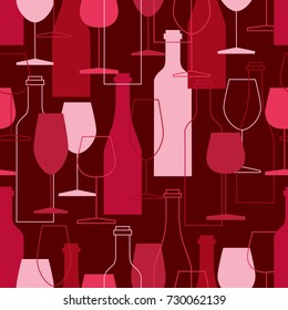 Seamless pattern, pack paper with wine bottles and wine glasses icons. Flat style, background vector. Overlapping backdrop with winery elements collection. Colorful wallpaper, good for printing