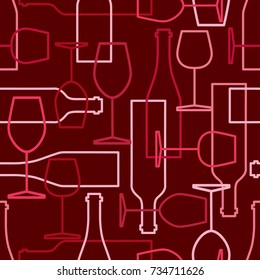 Seamless pattern, pack paper with wine bottles and wine glasses icons. Flat style, background vector. Overlapping backdrop with winery elements collection. Colorful wallpaper, good for printing