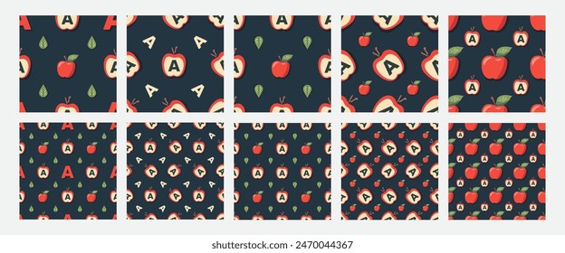 Seamless pattern pack, set of seamless patterns letter A. Digital bAackgrounds. Vector illustration. A for apple. Letter pattern background for kids education. collection. pack