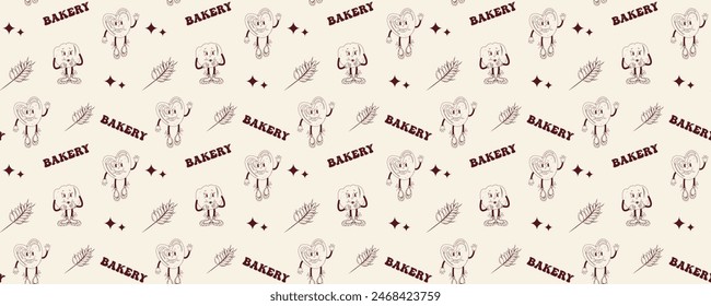 Seamless pattern for packaging bakery products. Groovy bakery design.
