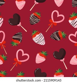 Seamless pattern for packaging design, Valentines Day. Chocolate strawberries, heart chocolate lollipops in milk, bitter. pink with patterns. Vector flat illustration on an isolated white background.