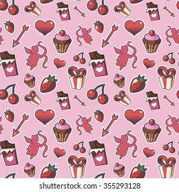 Seamless pattern for packaging on Valentine's day. Abstract background with gifts, arrows, cupids, heart, cupcake, strawberry. 