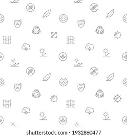 Patrón sin inconvenientes con el símbolo de embalaje y el icono de reciclado sobre fondo blanco. Incluidos los iconos como orgánicos, frescos, naturales, veganos, basura cero, tela y otros elementos