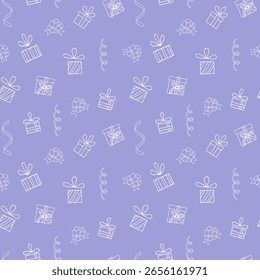 Patrón inconsútil para el papel de embalaje, Fondo de pantalla, diseño festivo. Regalos, arco, cinta sobre fondo azul. Estilo Doodle.