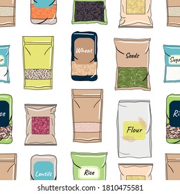 Seamless pattern of packs of cereals for kitchen storage. Hand drawn cartoon vector illustration. Isolated on white background.
