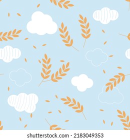 Seamless pattern with paddy rice, seed and cloud cartoons on blue sky background vector illustration. 