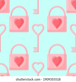 Seamless pattern from padlock, key with heart. Vector background for Valentine day