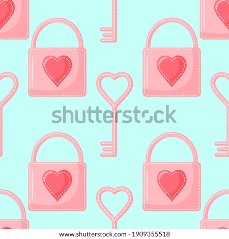 Seamless pattern from padlock, key with heart. Vector background for Valentine day