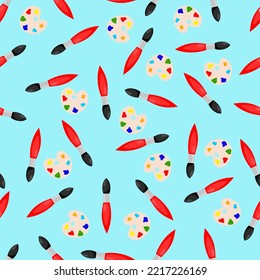 Seamless pattern with a paint brush and a palette on a blue background. school pattern