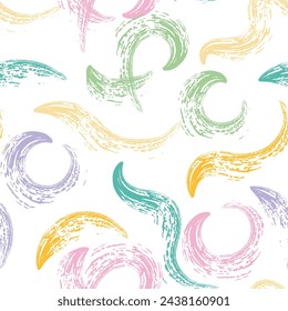 Seamless pattern with paint brush strokes vector collection. Hand drawn curved and wavy lines with grunge circles and squiggles. Chaotic ink brush scribbles decorative.