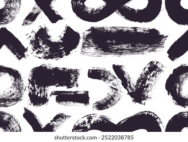 Seamless pattern paint brush strokes vector. Curved black, wavy lines with grunge circles. Seamless pattern chaotic ink brush scribbles decorative textured. Hand drawn messy doodles, bold curvy lines.