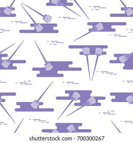 Seamless pattern of paint brushes and paint spots. Tools for repair and construction.
