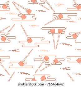 Seamless pattern of paint brushes and paint spots. Tools for repair and construction.