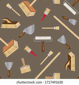 seamless pattern of paint brushes and tools for repairing and painting premises on a dark background. stock vector illustration. EPS 10.