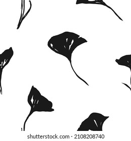 Seamless pattern with paint drawn poppy flowers on white background. Shabby ink bloom ornament. Vector fabric print. Eco, floral, natural, love wallpaper.