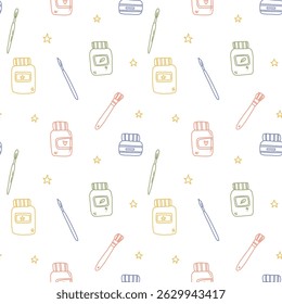 seamless pattern with paint elements and tools. brushes and paints. vector hand drawn illustration