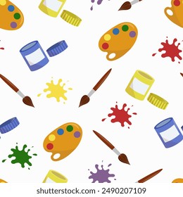 Seamless pattern of paint materials. School supply, drawing equipment, brush, watercolor. Fun hobby, art. Vector simple design