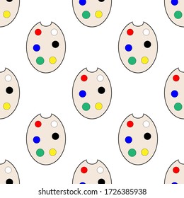 seamless pattern with paint palette. Creative vector illustration for the artist. Design of packaging paper, fabrics, and children's clothing. Creative space design. Paint palette, brushes.