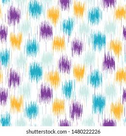 Seamless pattern paint splash tie dye polka dot drop. White spotty boho ikat summer background. Vector textile swatch.