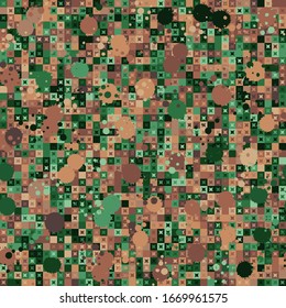 Seamless pattern. Paint splashed picture. Pixel camouflage colors of the jungle and desert landscape. Small squares and four-beam stars. Checkered texture.