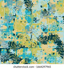 Seamless pattern. Paint splashes made on canvas. Colorful chaos.