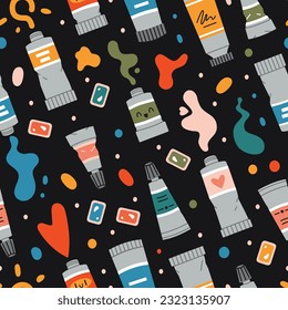 Seamless pattern with Paint tubes on black background, oil paint, acrylic, gouache or watercolor, cartoon style. Trendy modern vector illustration, hand drawn, flat 