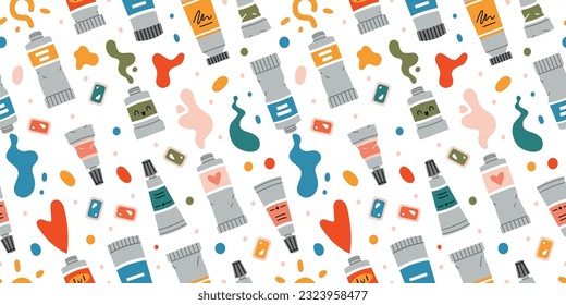 Seamless pattern with Paint tubes on white background, oil paint, acrylic, gouache or watercolor, cartoon style. Trendy modern vector illustration, hand drawn, flat design