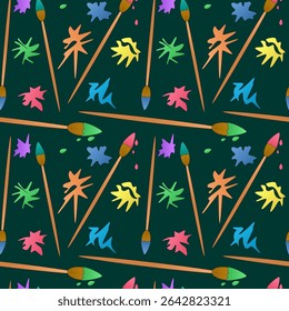 Padrão perfeito com pincéis e cores, que se espalham de diferentes formas em fundo verde escuro. Para voltar ao tema da escola, suprimentos ou design de artigos de papelaria, impressão têxtil e papel de embrulho.