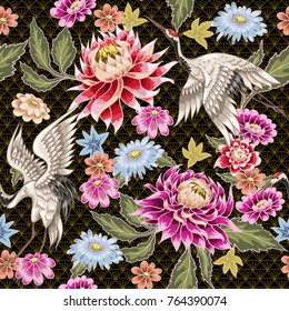 Seamless pattern from painted aster flowers and white cranes. Ja